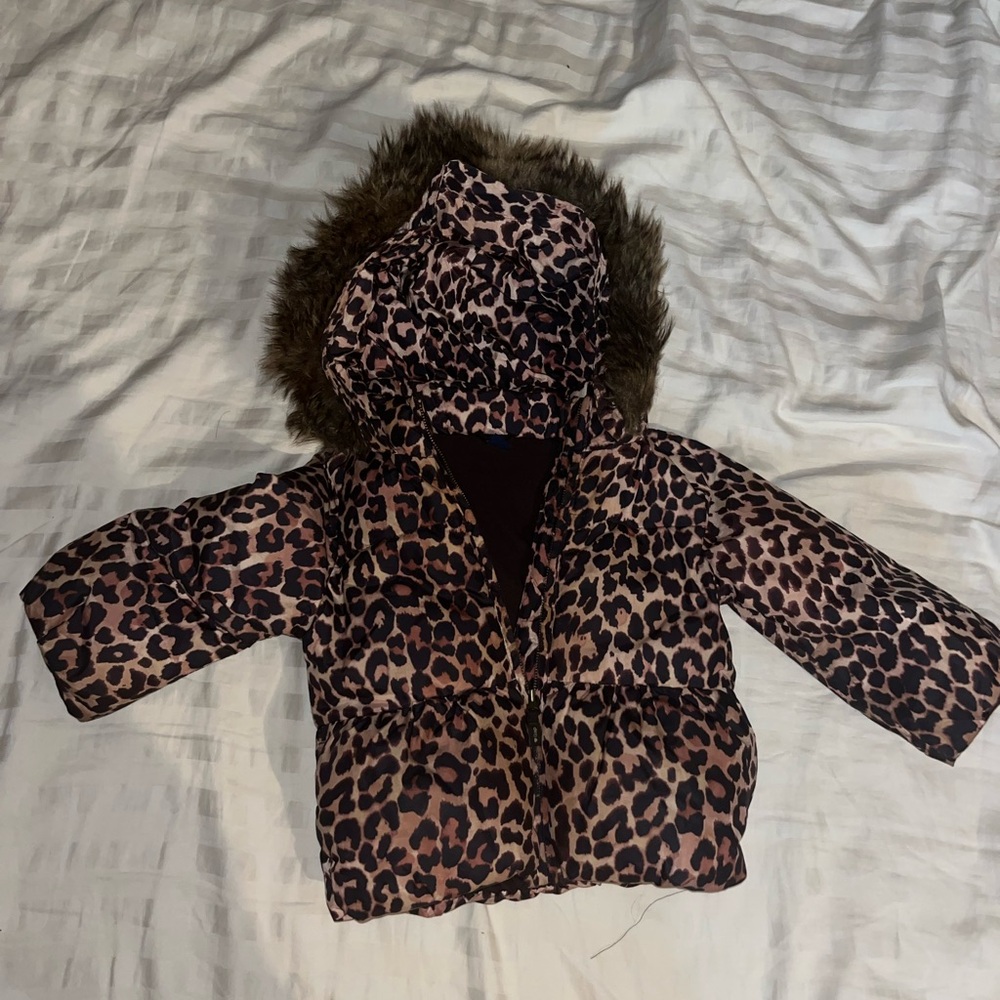Baby Gap Leopard Print Kids Jacket with Faux Fur Hood Size 3 Years - Picture 1 of 5